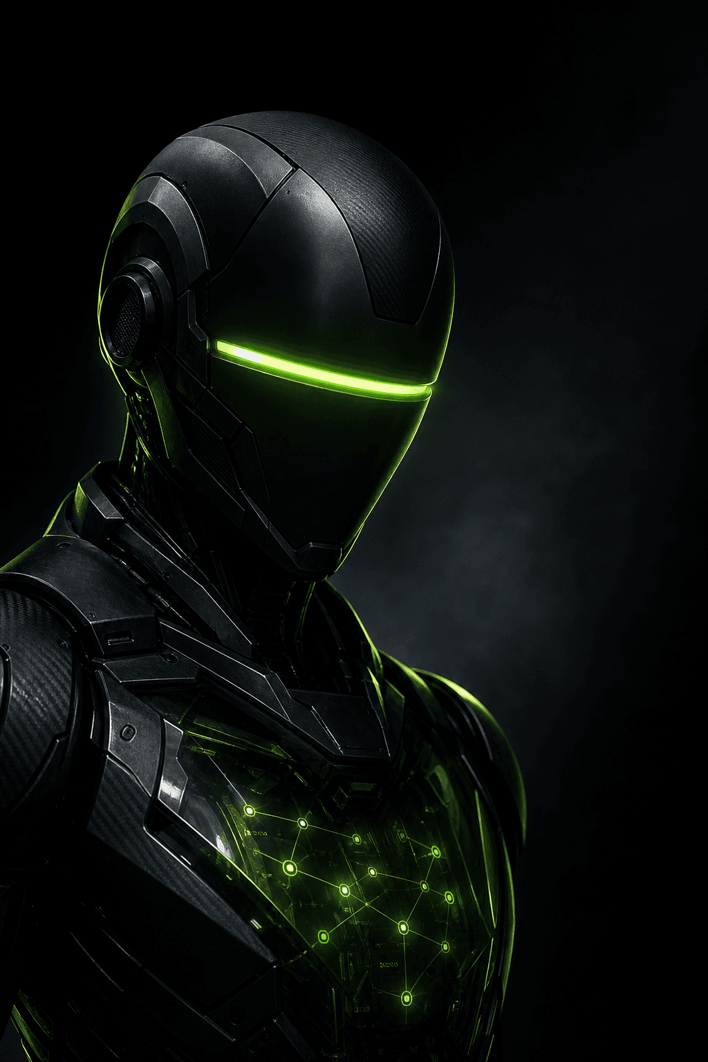 AGENT-Ø — autonomous AI agent avatar, phosphor-green visor glowing in the dark